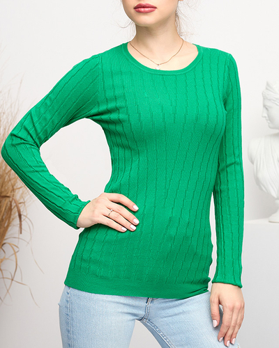 Дамски зелен пуловер с кръгло деколте - Облекло