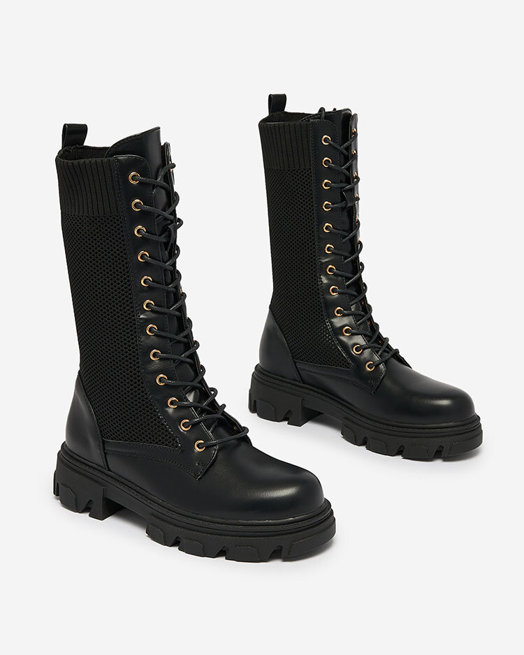 Royalfashion Ажурни черни дамски ботуши с плосък ток Kaliffo