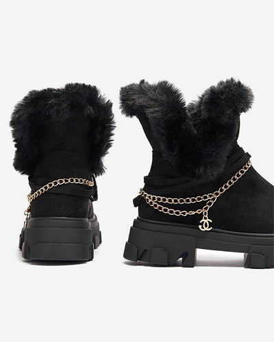 Черни дамски ботуши от еко велур с верижка Videric - Обувки