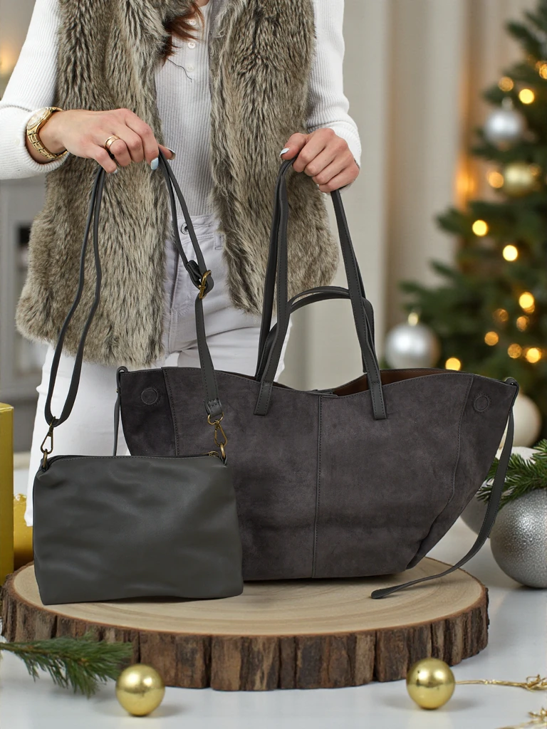 Дамска чанта shopper еко велурена с по-малка еко кожена в комплект 2в1 Elinea