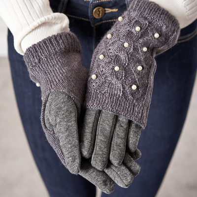 Ciemnoszare damskie rękawiczki mitenki z perełkami - Akcesoria