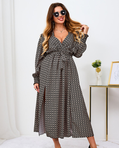 Royalfashion Бежово-черна шарена дамска макси рокля