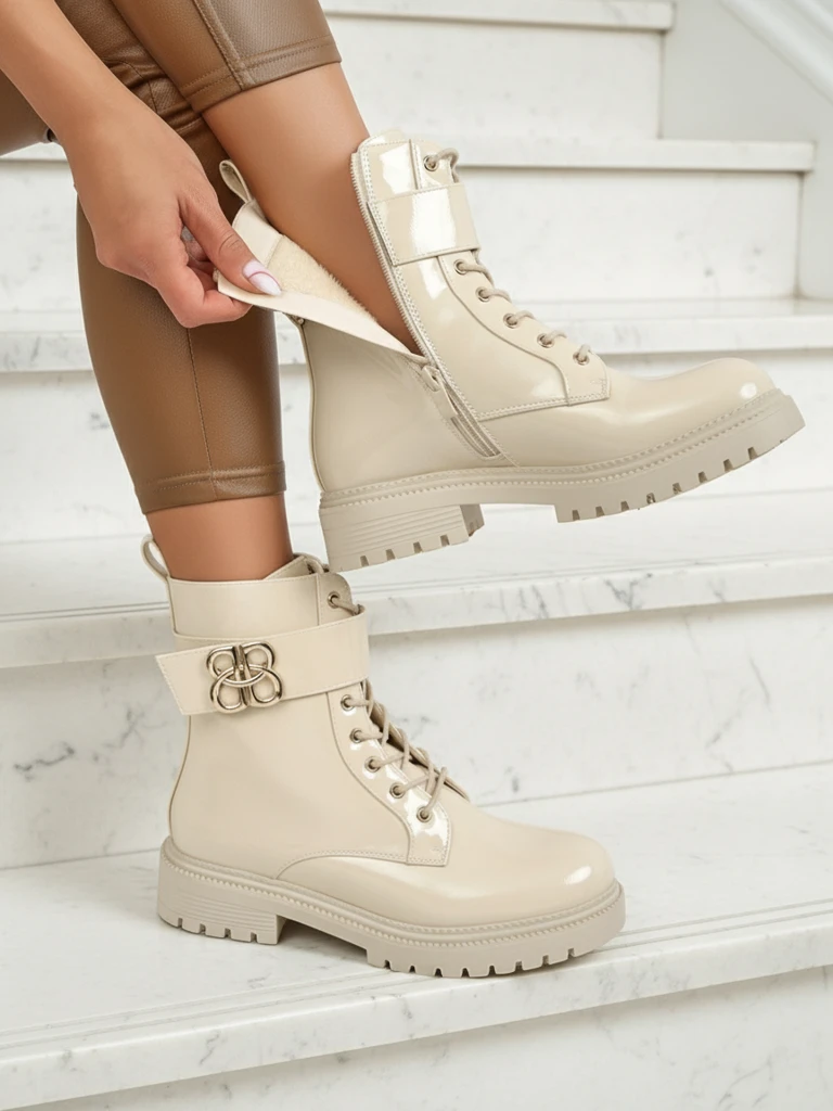 Бежови боти Ariadne от екологична кожа със цип, заоблен нос стилни