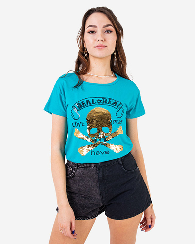 Niebieski damski t-shirt z cekinami i napisami - Odzież