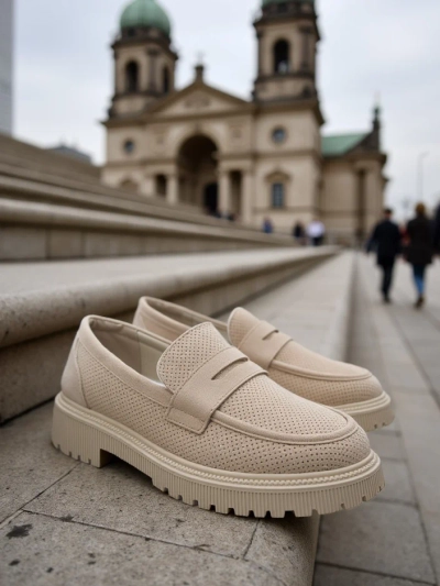 Дамски лоуфъри Callista бежови, екологична кожа, плосък ток 4 см