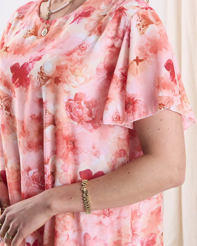 Дамска рокля до коляното с принт и къдрички в оранжево- Облекло