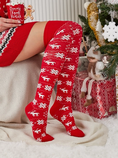 Royalfashion Дамски коледни чорапи над коляното в червено