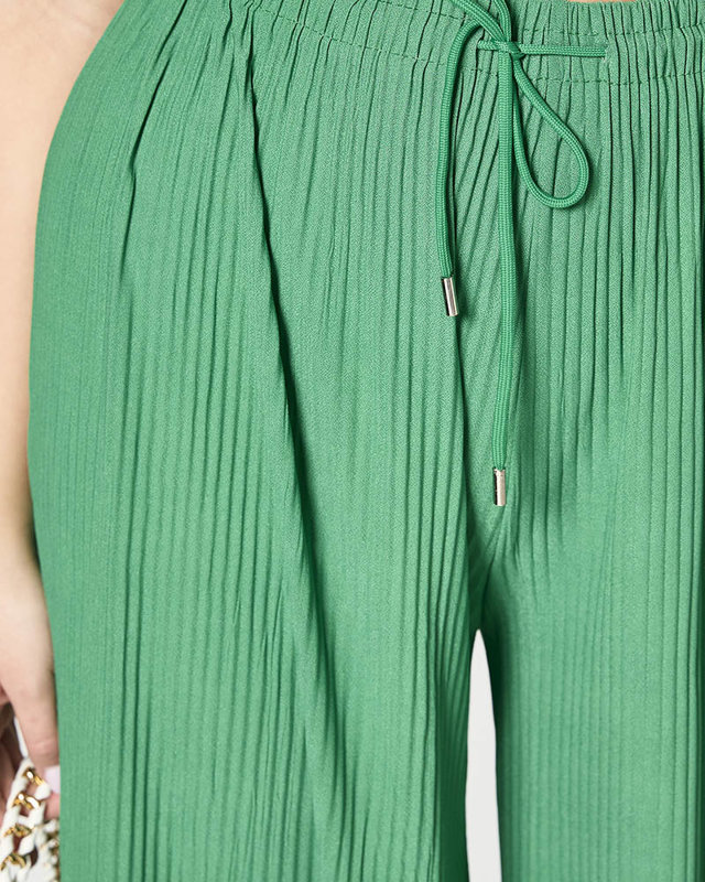 Дамски широки плисирани панталони палацо в зелено - Облекло