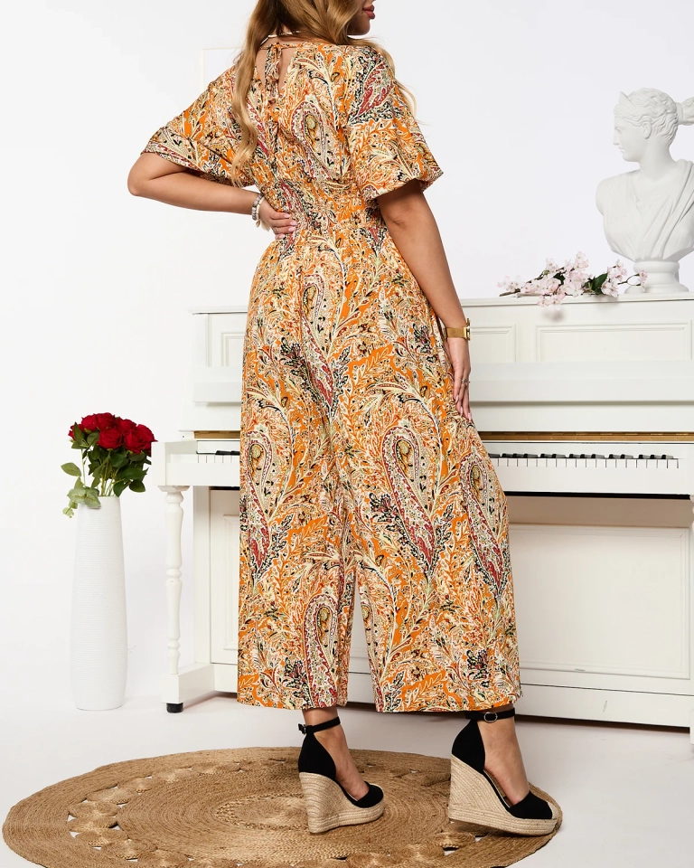 Дамски шарен гащеризон в оранжево - Облекло