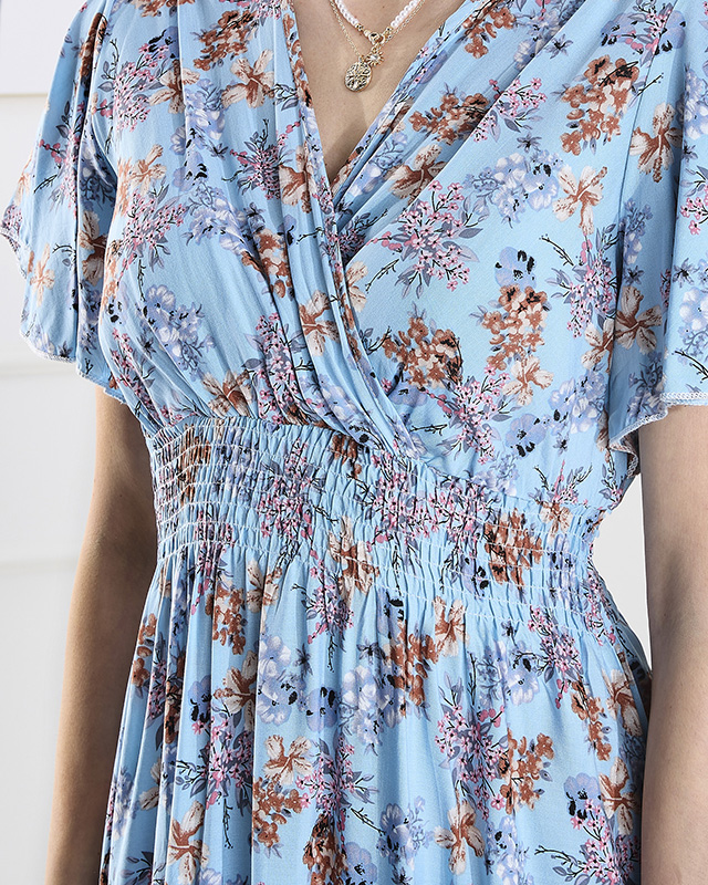 Синя дамска дълга рокля на цветя - Облекло