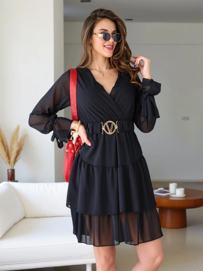 Royalfashion Женска мини рокля с ръбове и завързан врат.