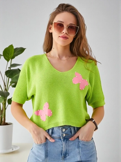 Royalfashion Женски памучен къс пуловер с пеперуди