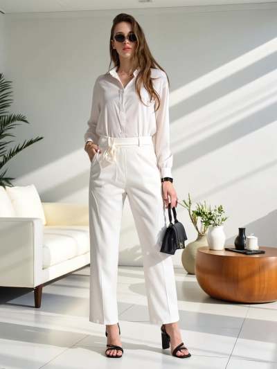 Royalfashion Вискозни прави дамски панталони с цвете