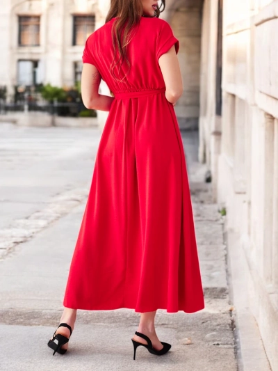 Рокля миди Royalfashion за жени с обло деколте, къси ръкави и колан