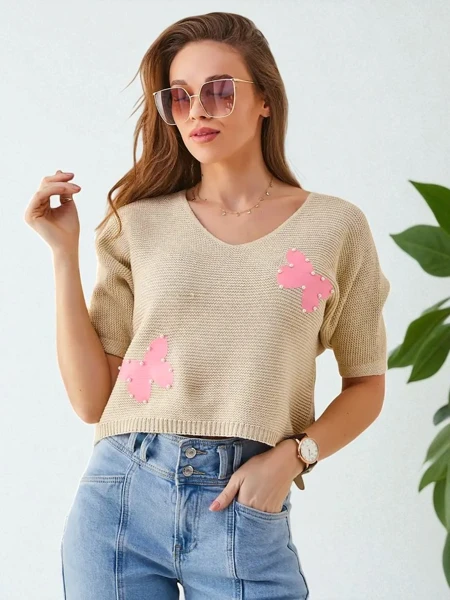 Royalfashion Дамски памучен къс пуловер с пеперуди