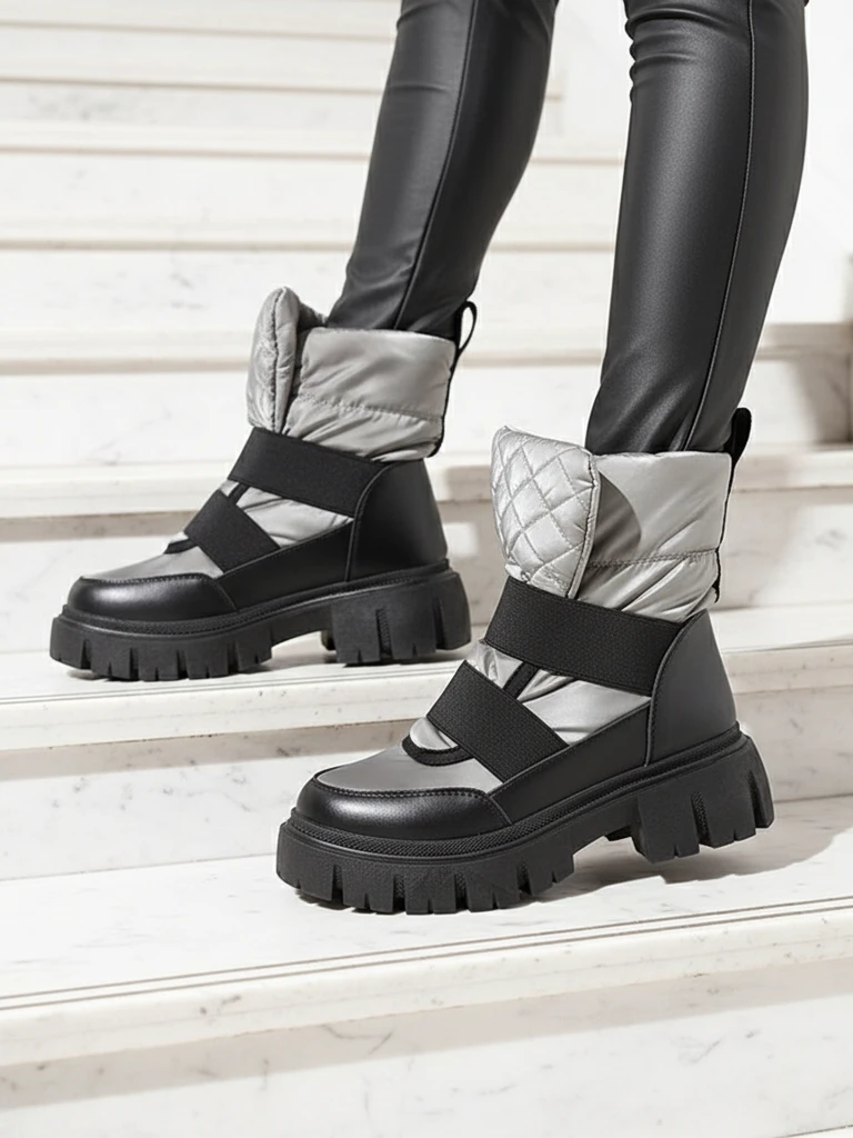 Дамски ботуши за сняг с равна подметка в черно-сиво Ferory- Footwear