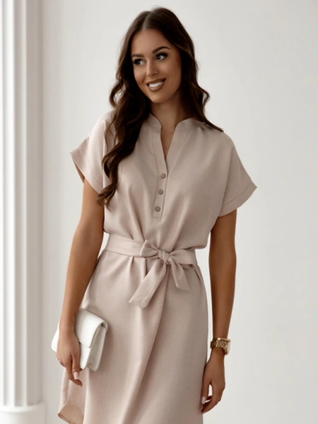 Royalfashion Дамска мини рокля с къси ръкави и деколте с копчета