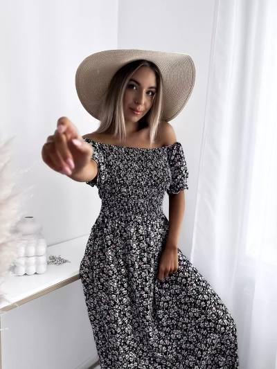 Черна дамска флорална миди рокля - Облекло