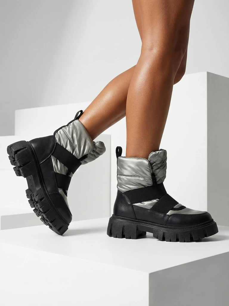 Дамски ботуши за сняг с равна подметка в черно-сиво Ferory- Footwear