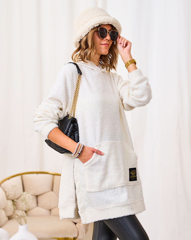 Royalfashion Кремав дълъг дамски пуловер с качулка