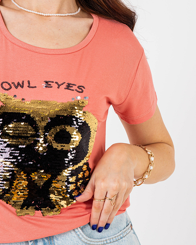 Pomarańczowy damski t-shirt z cekinami - Odzież