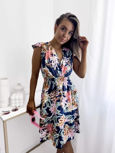 Дамска тъмносиня мини рокля с флорален принт - Облекло