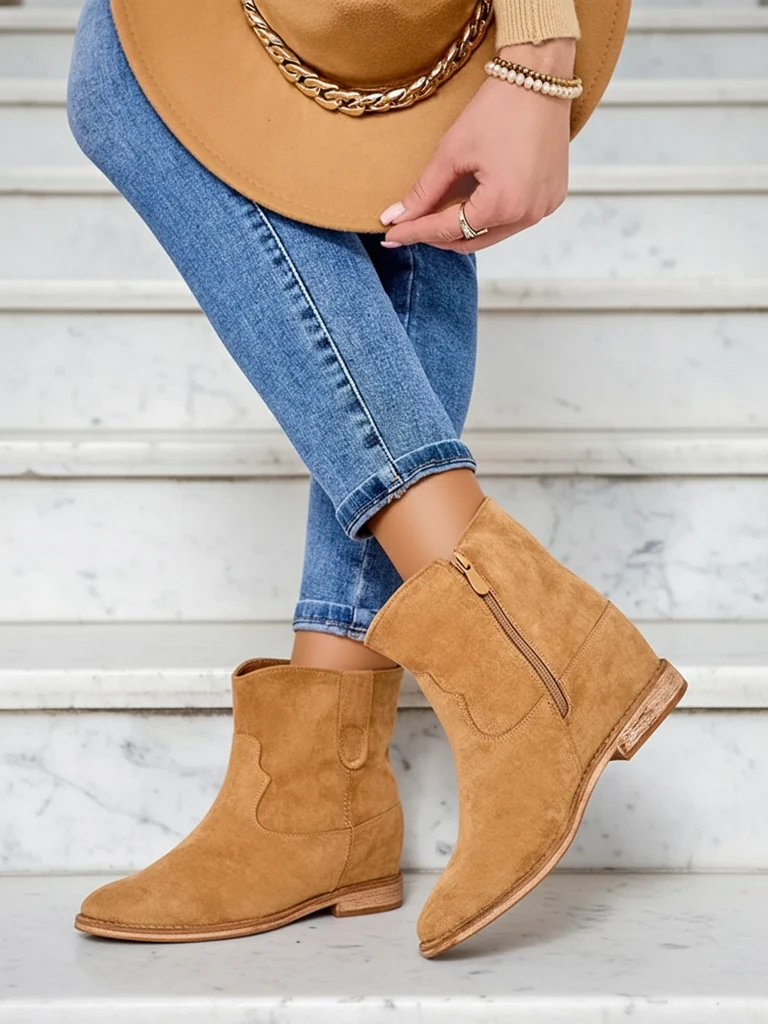 Royalfashion Кафяви боти на глезена с каубойски стил на покрита платформа Patorias