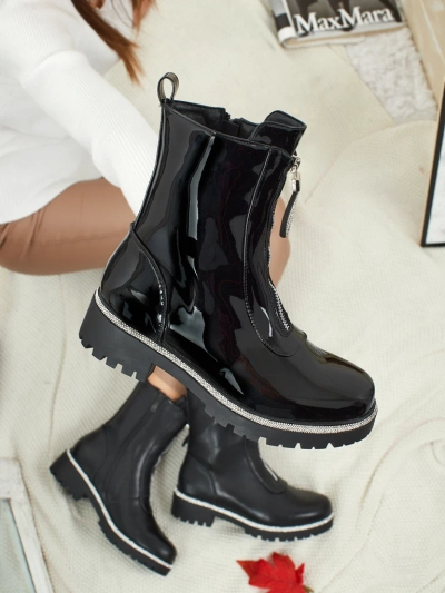 Лакирани еко кожени дамски боти с цирконии Nuvina