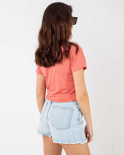 Pomarańczowy damski t-shirt z cekinami - Odzież