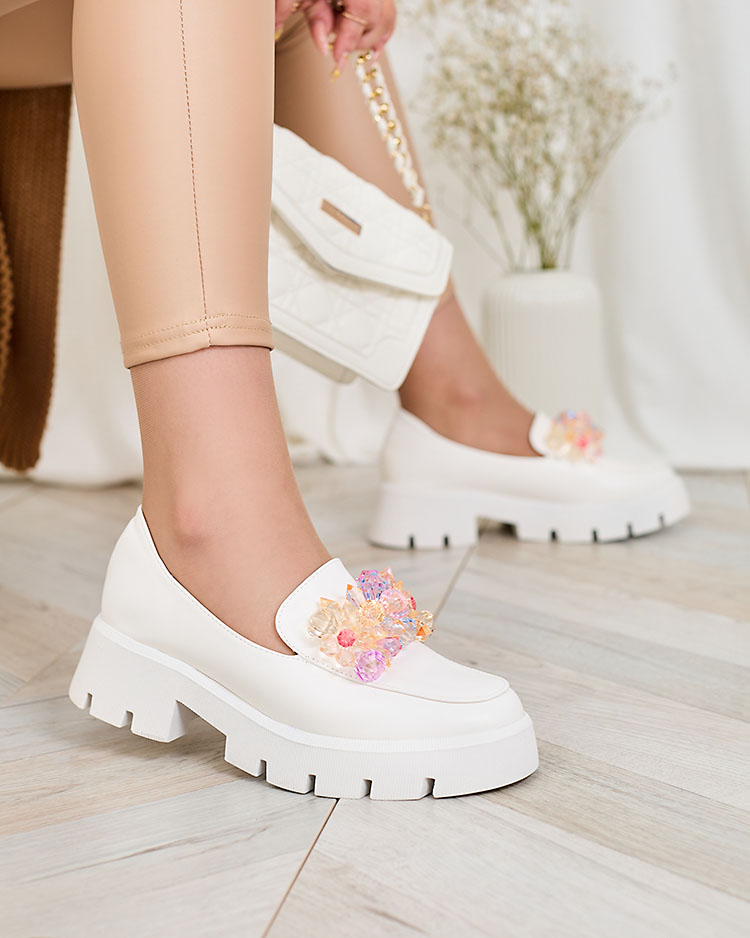 Royalfashion Бели дамски мокасини с цветни кристали Crystal Glam