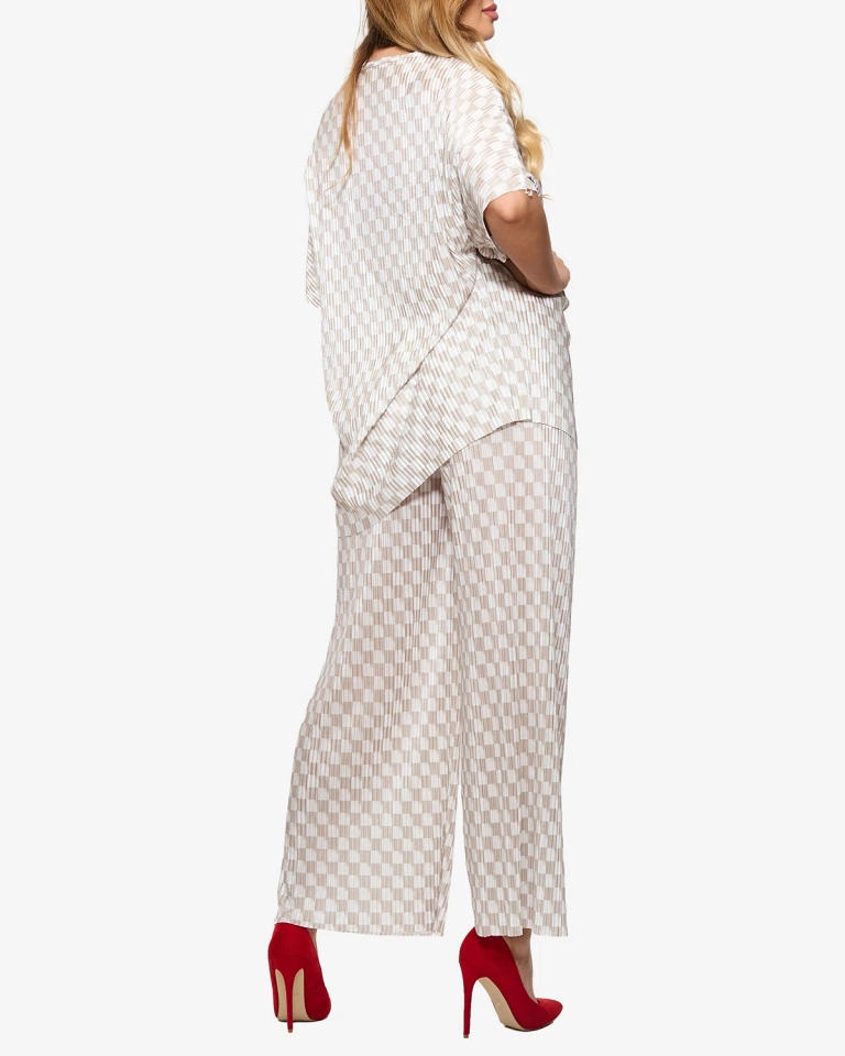 Бежов дамски плисиран шарен комплект - Облекло