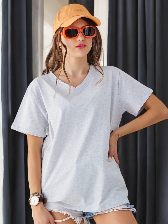 Royalfashion Дамска памучна Casual тениска с V-образно деколте