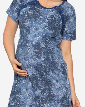 Морско синя нощница за бременни и кърмачки с цветя - Облекло