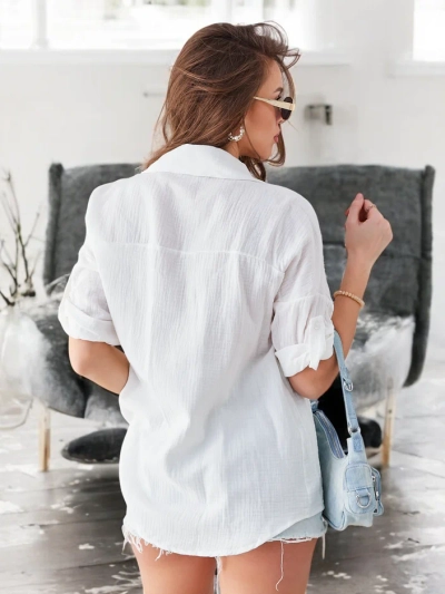 Риза от памук Royalfashion за жени с ембосиране и V-образно деколте и 3/4 ръкави