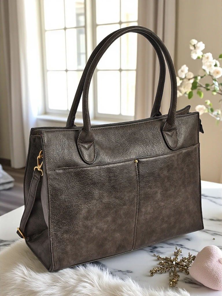 Дамска кожена чанта Etruria Classica Elegante сива 41x31x14 см