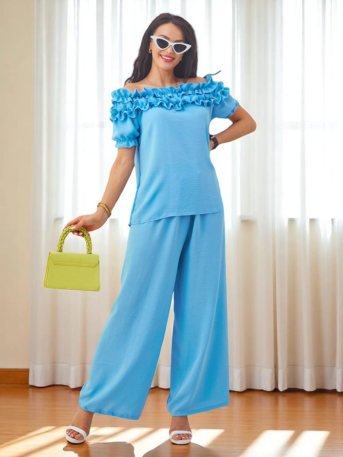 Royalfashion Женски комплект с топ с голи рамене и къси ръкави и декоративно деколте и разширени панталони