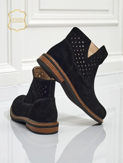 Велурени ажурни дамски боти Aurelia Nero с плосък ток 3 см