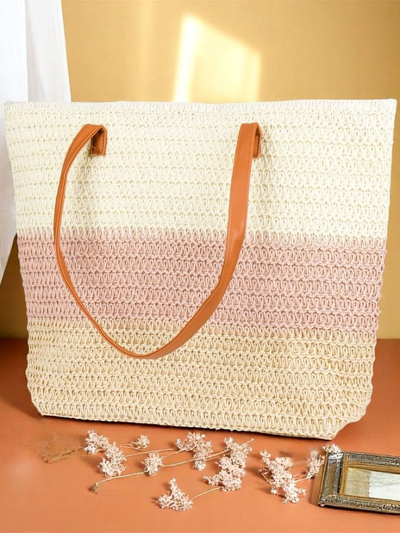 Royalfashion Голяма дамска чанта от слама с широки райета