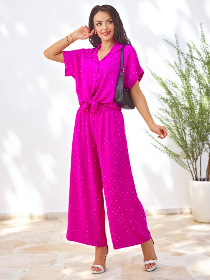 Royalfashion Дамски комплект с вързан къс ръкав и фланелки с камъни