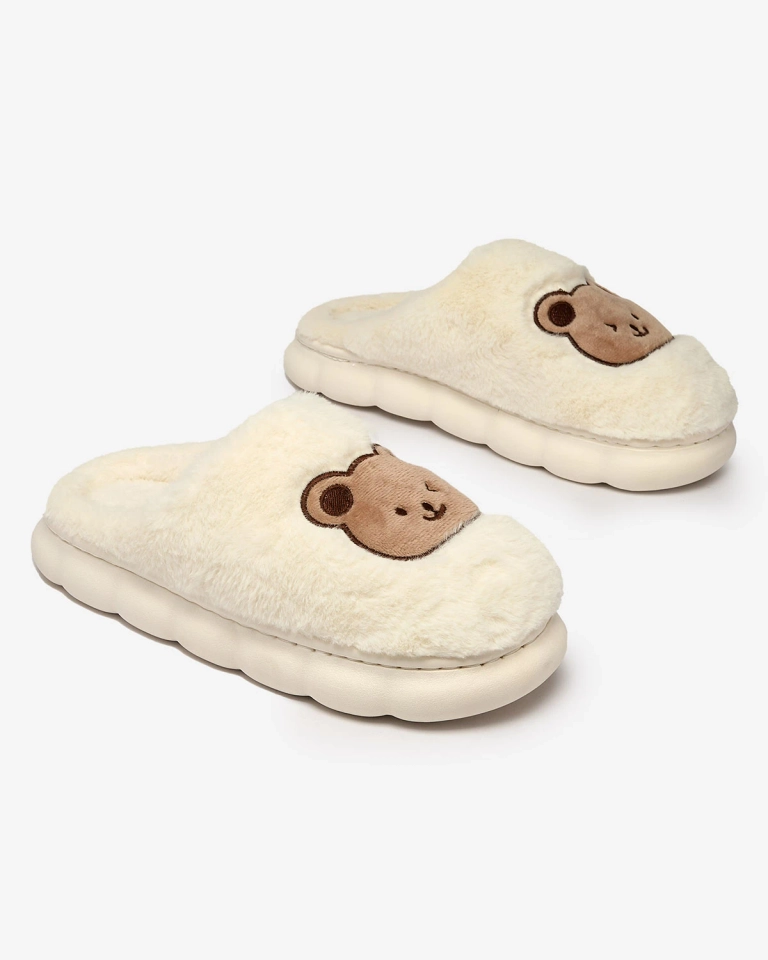 Royalfashion Бели дамски чехли от естествена кожа с плюшено мече Hettres