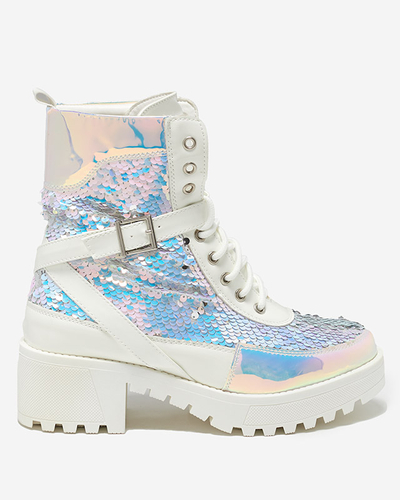 Białe damskie botki z cekinami Impresa - Obuwie