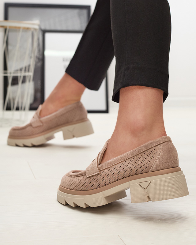 Светлокафяви дамски ажурни мокасини с масивна подметка Ejina - Обувки