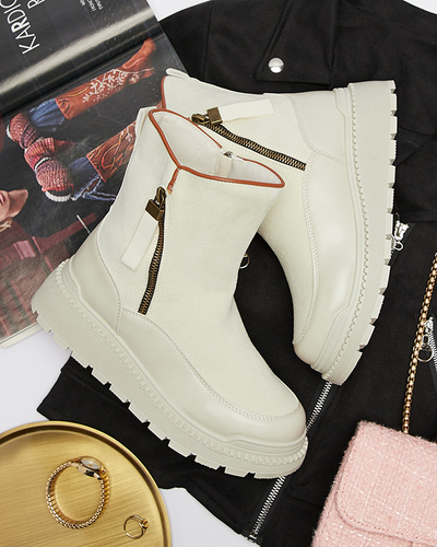 Кремави дамски ботуши с плосък ток Mefina- Footwear