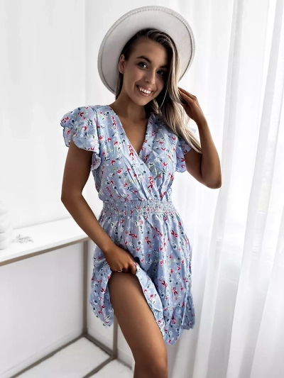 Royalfashion Синя дамска мини рокля с флорален мотив