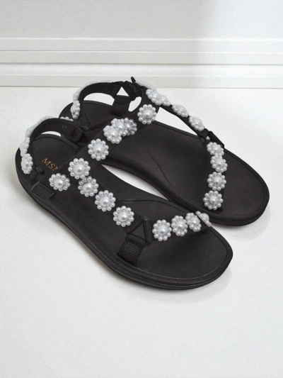 Дамски сандали Royalfashion Perseida черни на платформа с перли