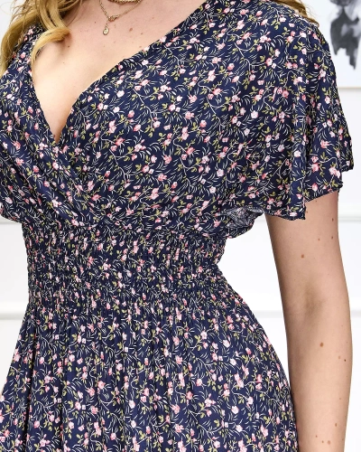 Дамска макси рокля с флорални мотиви в тъмносиньо Облекло