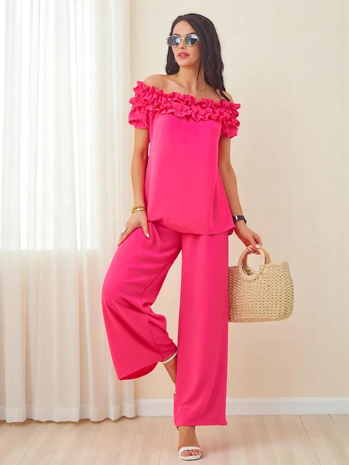 Royalfashion Женски комплект с блуза с открито рамо и къси ръкави и декоративно деколте и фльерд панталони
