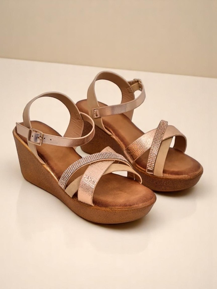 Royalfashion дамски сандали на равна платформа с камъни и брокат Glittera