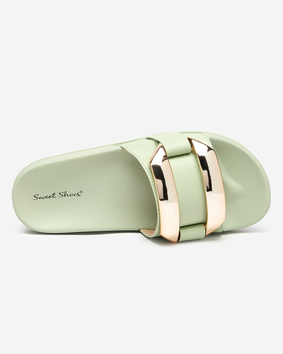 Zielone damskie klapki ze złotą ozdobą Serina - Obuwie