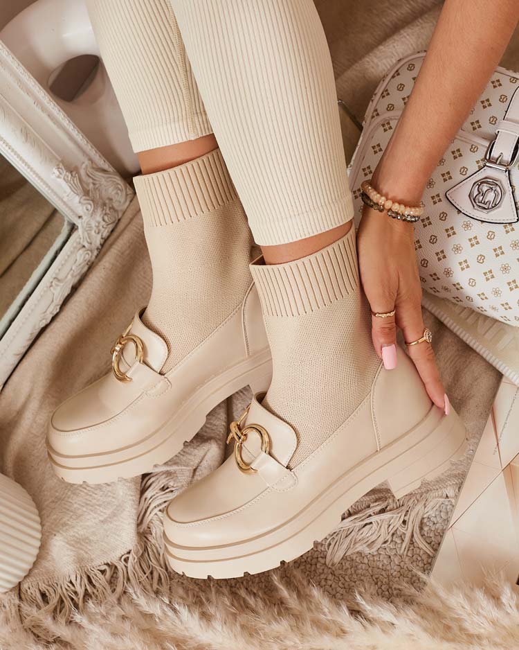 Beżowe damskie półbuty z wysoką cholewką Qenarisa - Obuwie